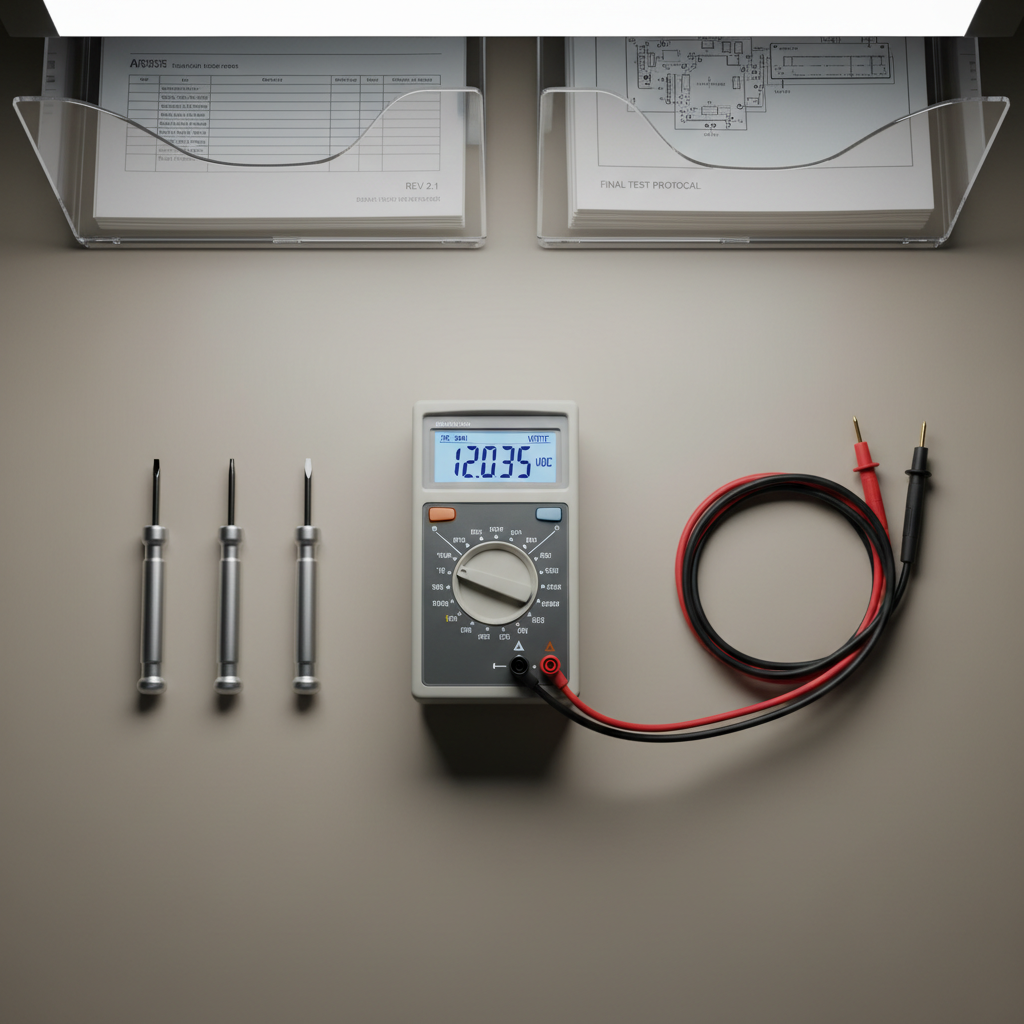 A minimalist arrangement of engineering tools used in board-level validation—a high-end digital multimeter with clear digital display, precision screwdrivers with brushed steel shafts, and coiled test leads—neatly placed on a smooth, neutral-taupe workspace. The background shows just a hint of organized test documentation in clean acrylic holders, keeping visual clutter minimal. Cool, diffuse ambient light from an overhead panel produces balanced illumination, soft gradients, and faint, clean-edged shadows. The mood is calm, organized, and subtly sophisticated, projecting reliability and engineering rigor. Shot at a bird’s-eye view for a structured, symmetrical composition. The overall style is clean and modern, aligning with the site’s professional image.