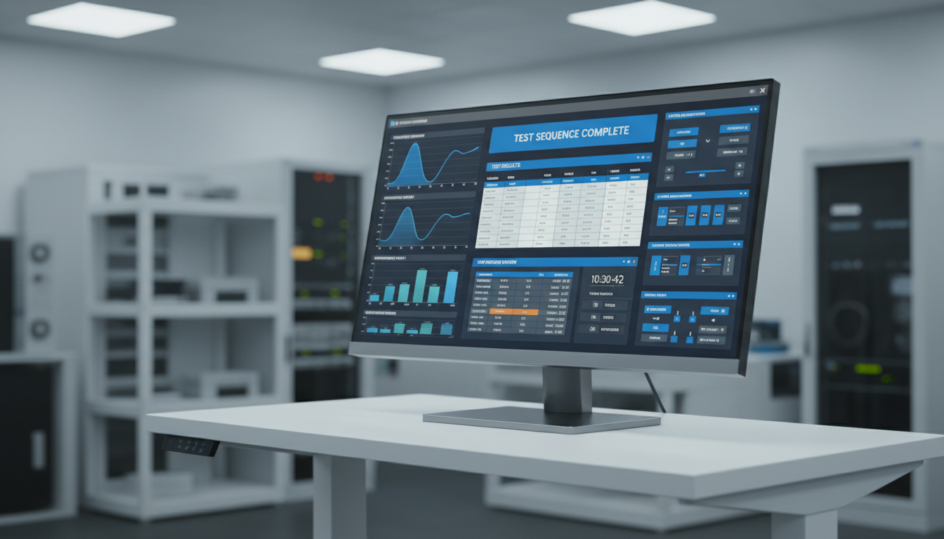 A sophisticated, automated test software interface displayed on an ultra-thin widescreen monitor with a brushed aluminum frame, presented on a pristine white standing desk. The interface showcases organized diagnostic graphs, test results, and control panels with blue and grey UI elements. The background remains out of focus, hinting at structured shelving and more test equipment in neutral tones. The lighting is bright, even, and slightly cool, creating a high-tech ambiance and eliminating harsh reflections. The atmosphere is analytical and precise, designed to convey mastery in test automation software. Framed at a three-quarter side angle with sharp focus on the display, the image epitomizes photographic realism and a polished, corporate aesthetic.